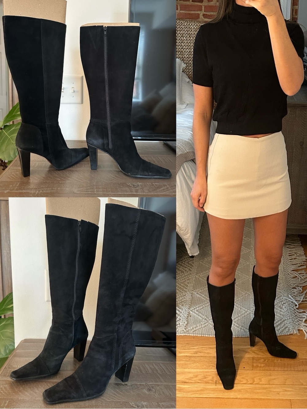 Vintage Nine West Black Genuine Suede Tall Knee High Heeled Boots 7.5